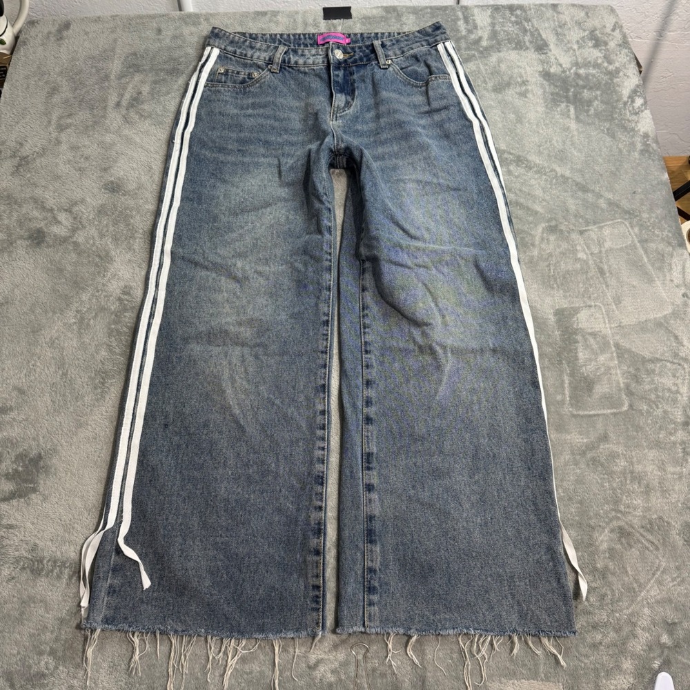 Edikted Blue Wide Leg Side Stripe Jeans Raw Hem Y2K Streetwear Size M